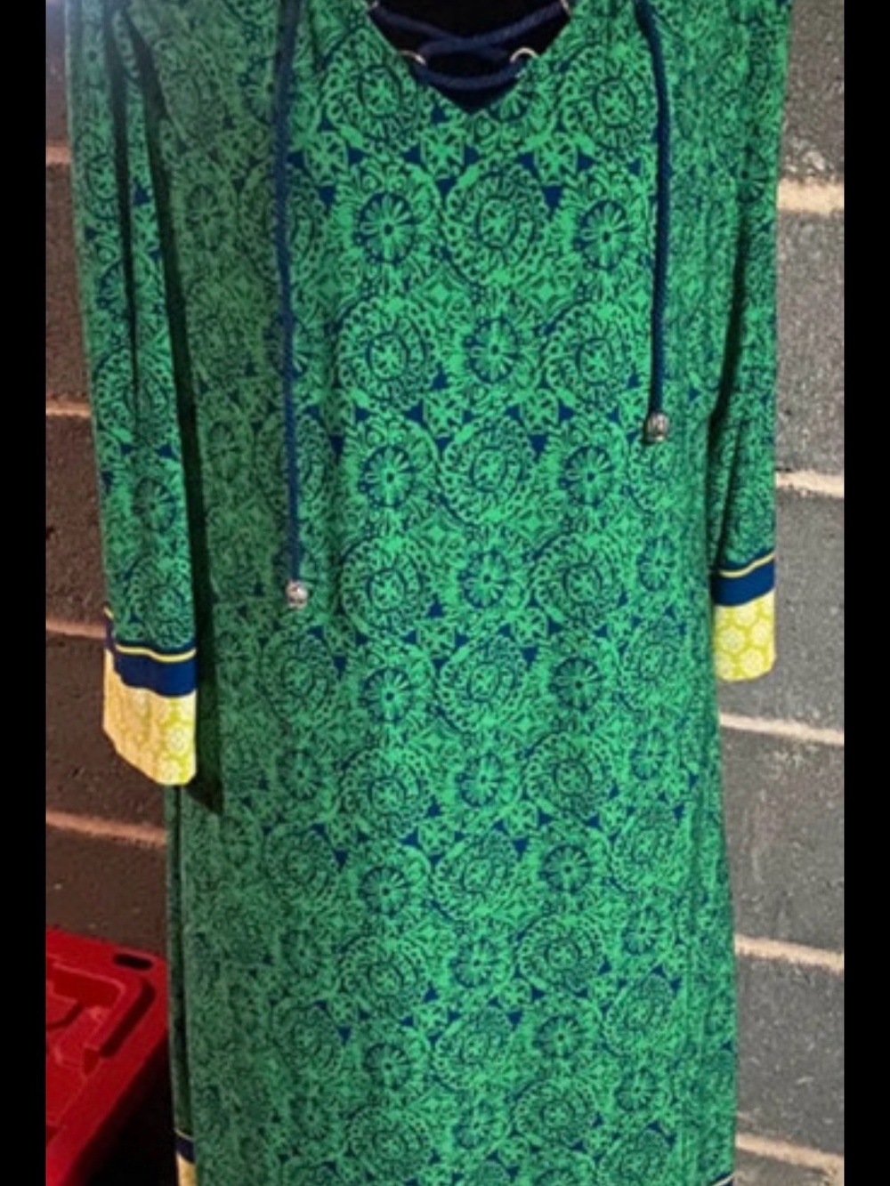 Susan Graver Green Patterned Long-Sleeve Lace-Up Dress with Yellow Cuffs